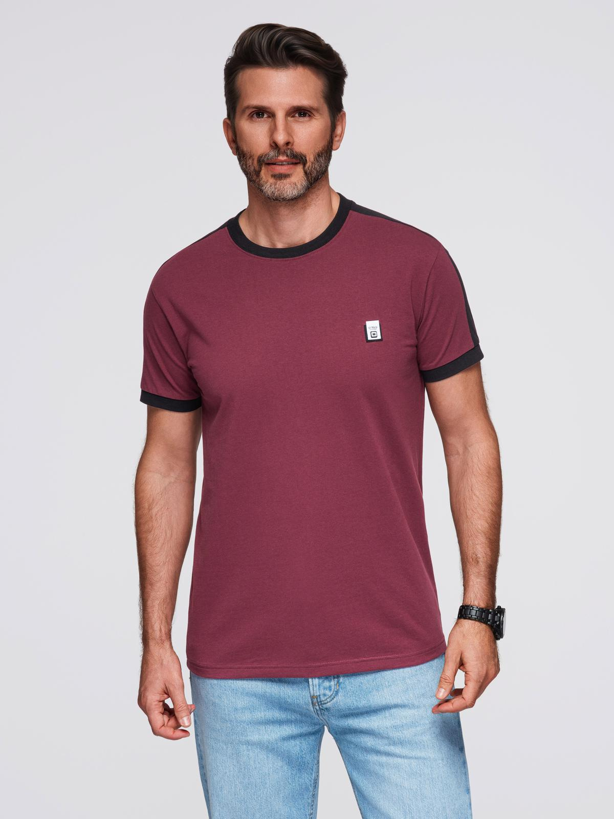 meeste puuvillane kontrastsete vahetükkidega t-särk - maroon v2 s1632 - Image 1