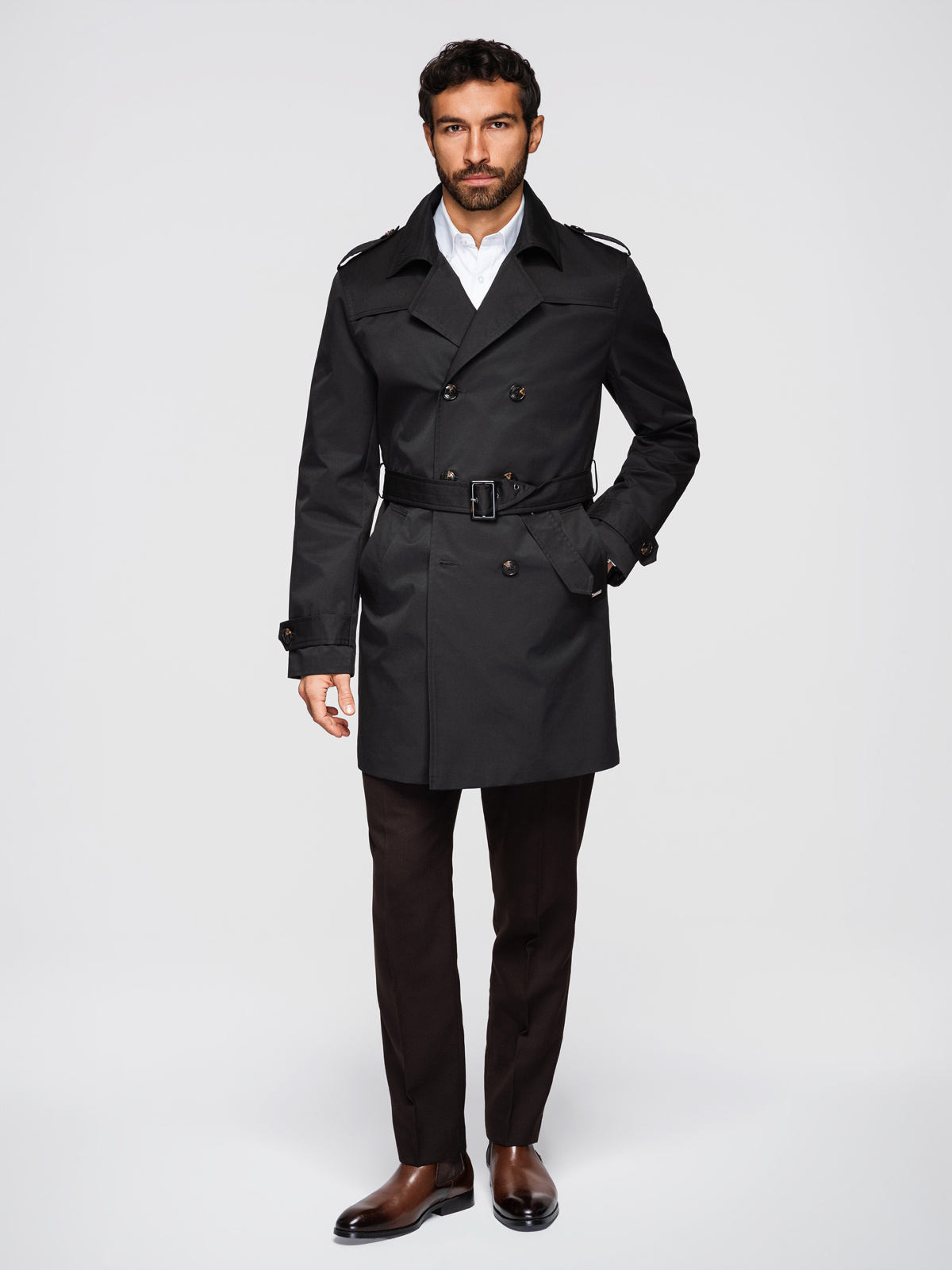 Elegantne kaherealine meeste SLIM FIT trenšmantel vööga - beež V1 OM-COLC-0146 - Image 14