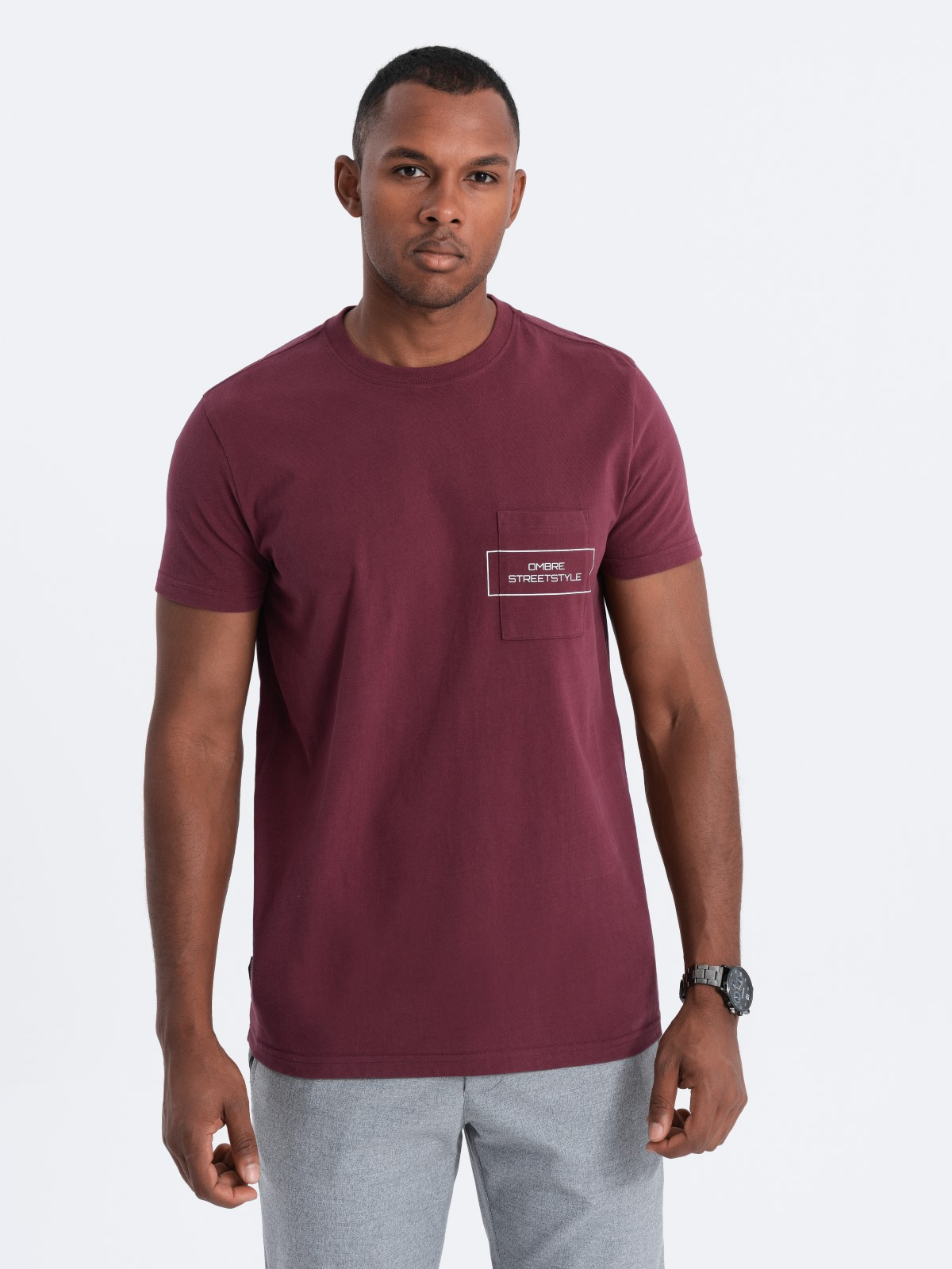 meeste puuvillane taskutrükiga t-särk - maroon v3 s1742 - Image 4