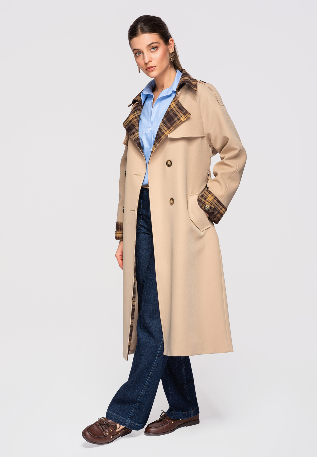 Naiste kaherealine trenchcoat-üleminekumantel vööga - Image 13
