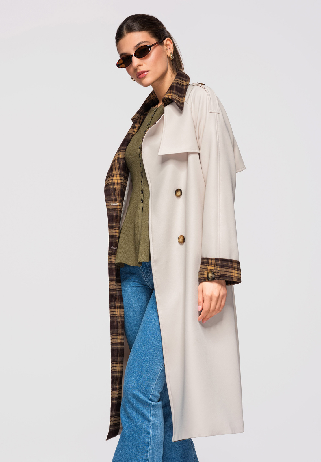 Naiste kaherealine trenchcoat-üleminekumantel vööga - Image 5