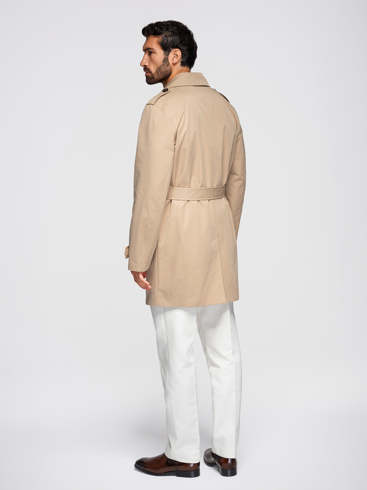 Elegantne kaherealine meeste SLIM FIT trenšmantel vööga - beež V1 OM-COLC-0146 - Image 7