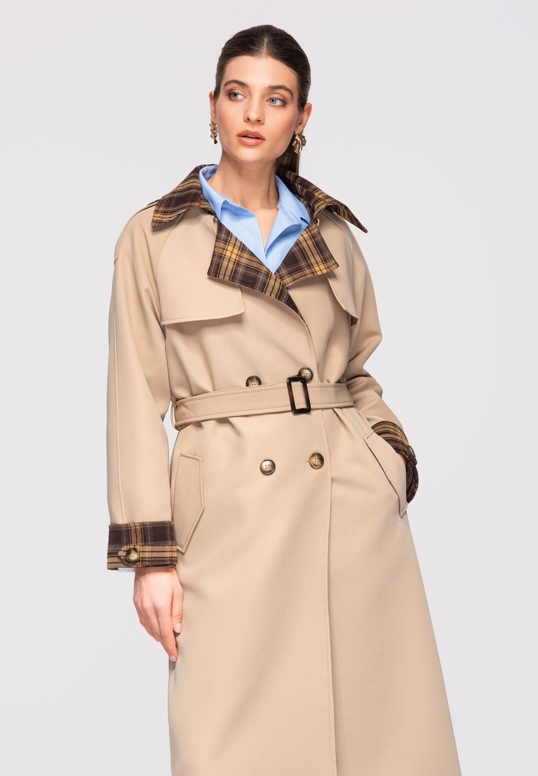 Naiste kaherealine trenchcoat-üleminekumantel vööga - Image 12
