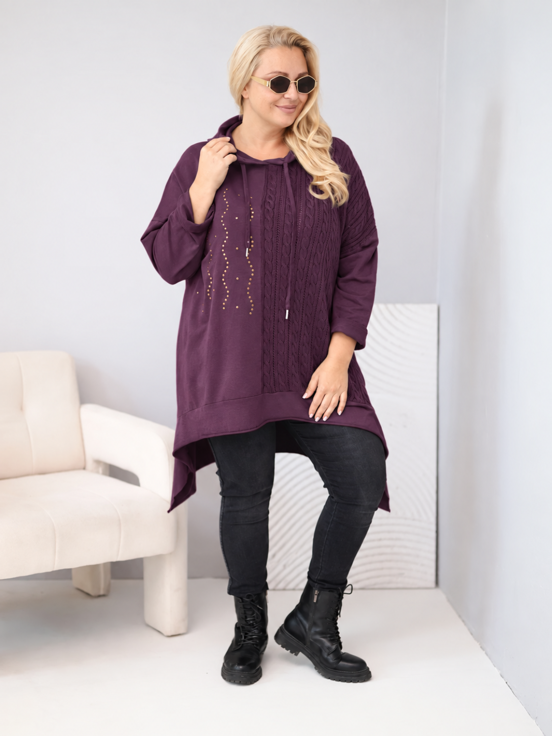 Naiste kapuutsiga puuvillane pusa Kesi Plus Size palmikmustriga - Image 2