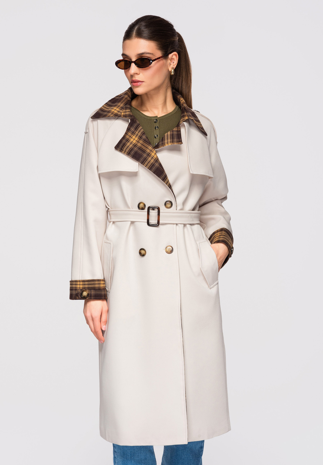 Naiste kaherealine trenchcoat-üleminekumantel vööga - Image 1