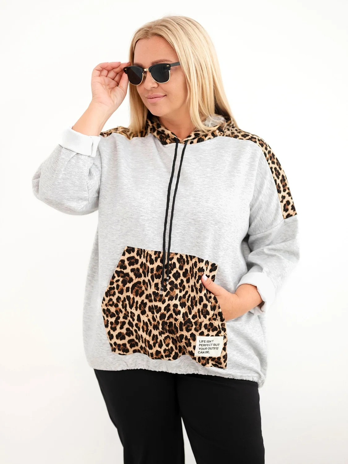 Plus Size naiste viskoosist kapuutsiga pusa pantrümustriga detailidega - Image 61