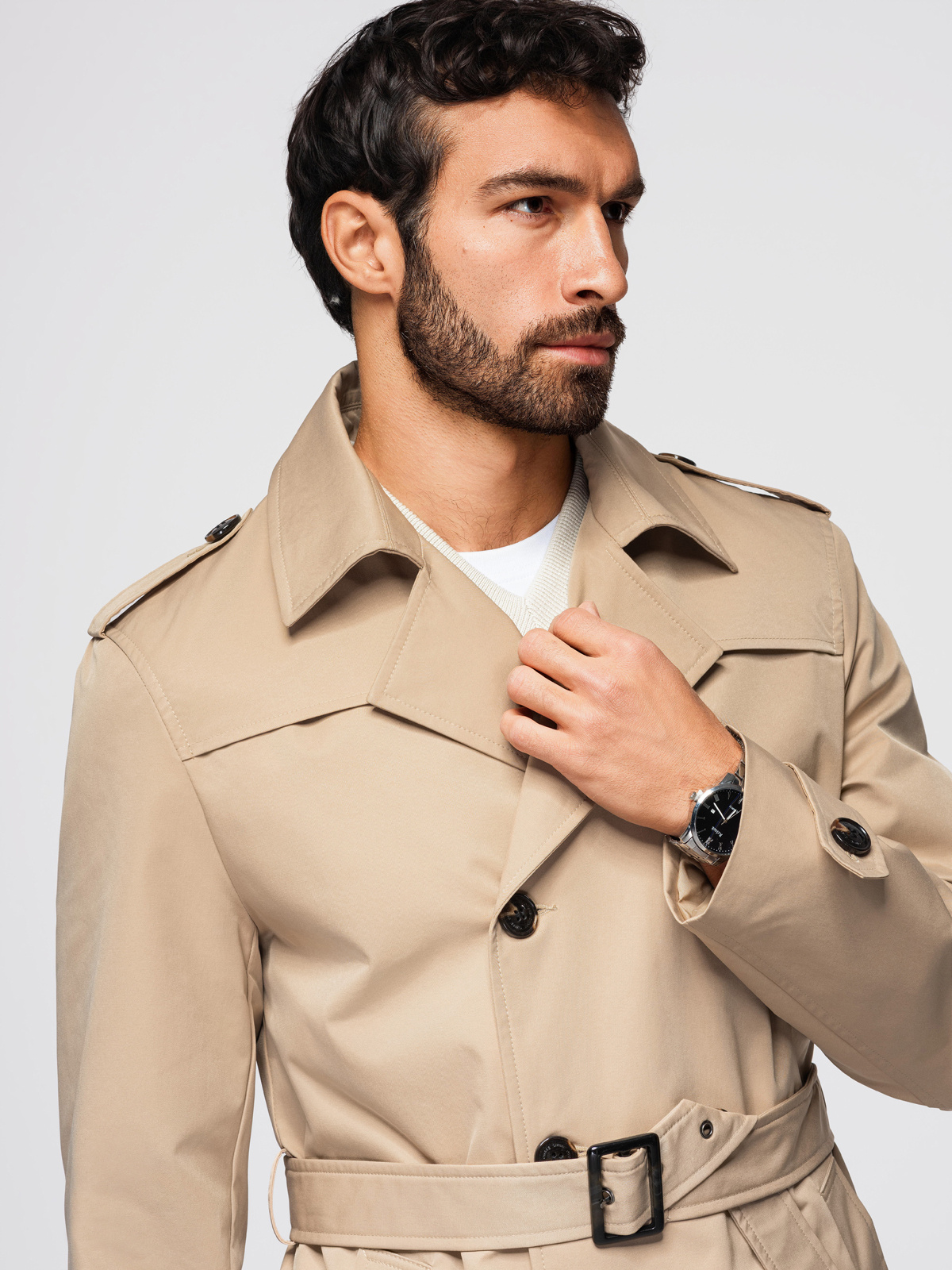 Elegantne kaherealine meeste SLIM FIT trenšmantel vööga - beež V1 OM-COLC-0146 - Image 2