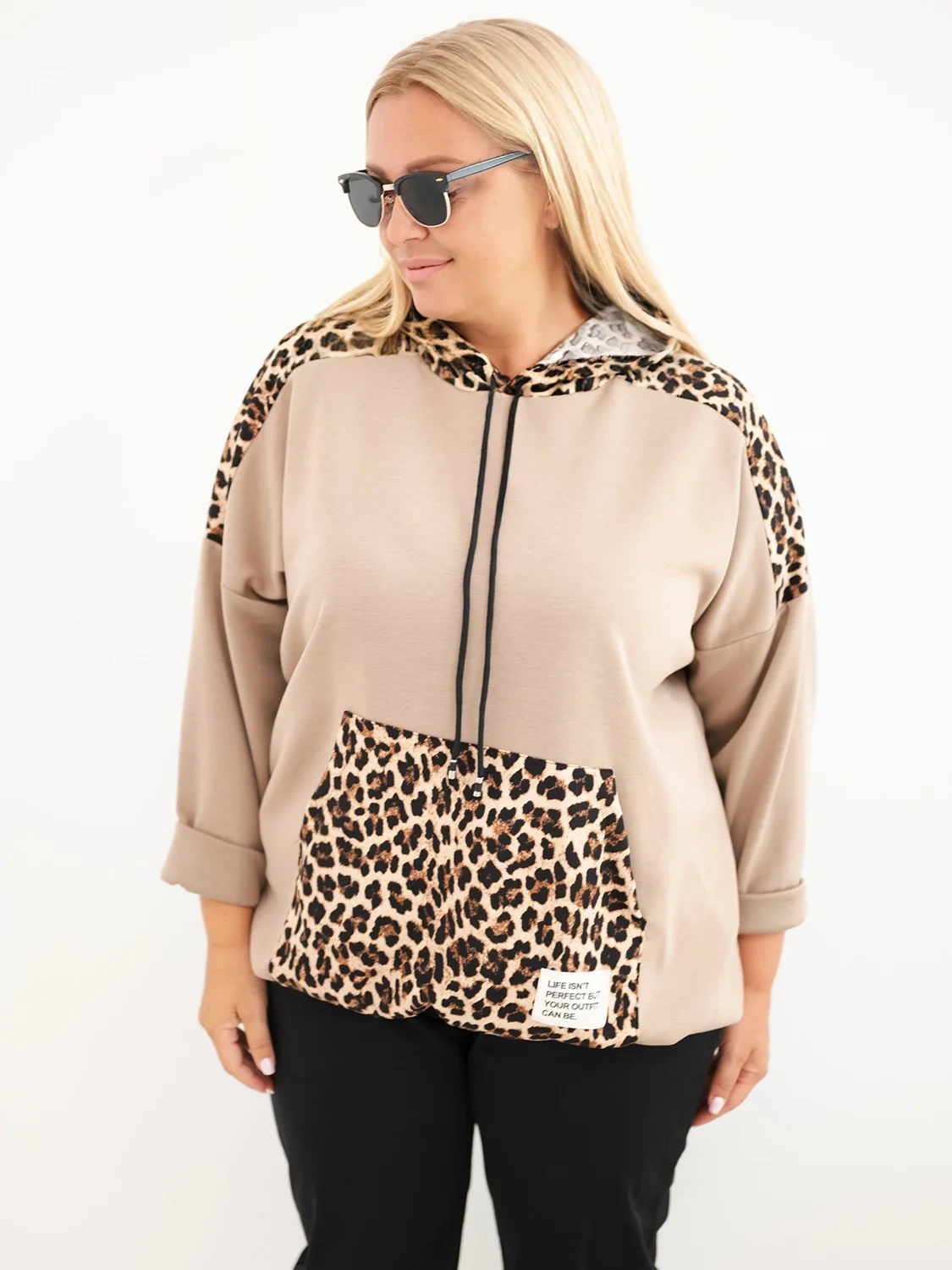 Plus Size naiste viskoosist kapuutsiga pusa pantrümustriga detailidega - Image 1