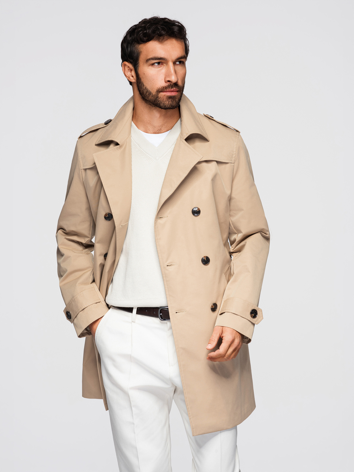 Elegantne kaherealine meeste SLIM FIT trenšmantel vööga - beež V1 OM-COLC-0146 - Image 5