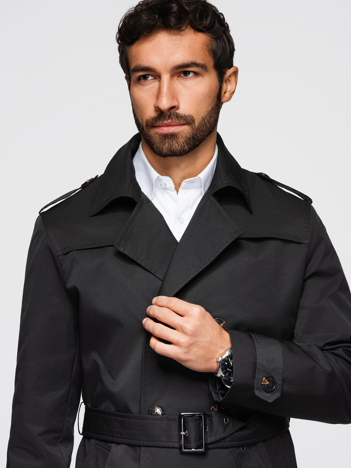 Elegantne kaherealine meeste SLIM FIT trenšmantel vööga - beež V1 OM-COLC-0146 - Image 15