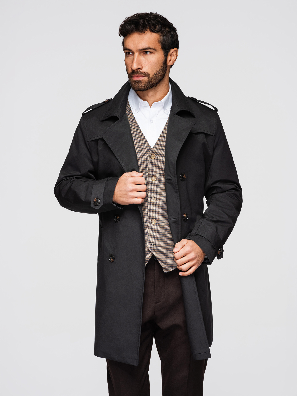 Elegantne kaherealine meeste SLIM FIT trenšmantel vööga - beež V1 OM-COLC-0146 - Image 16