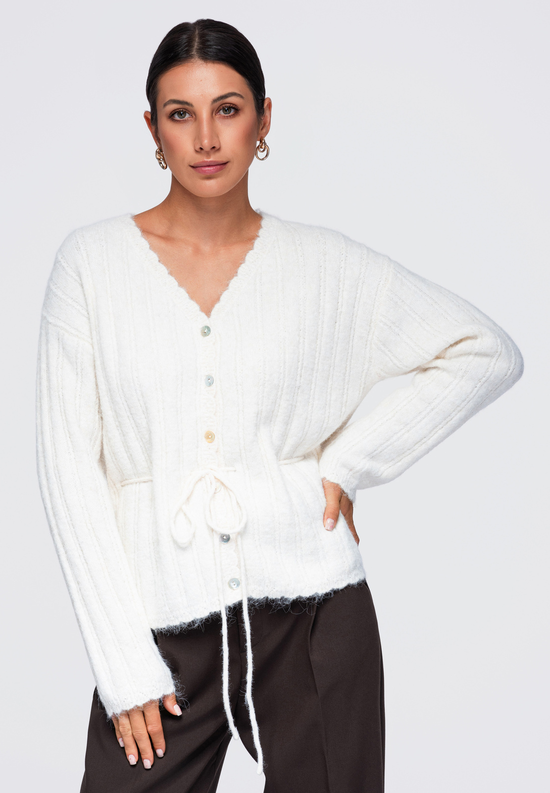 Ombre Clothing naiste nööpidega kootud kampsun seotava vööga - Image 3