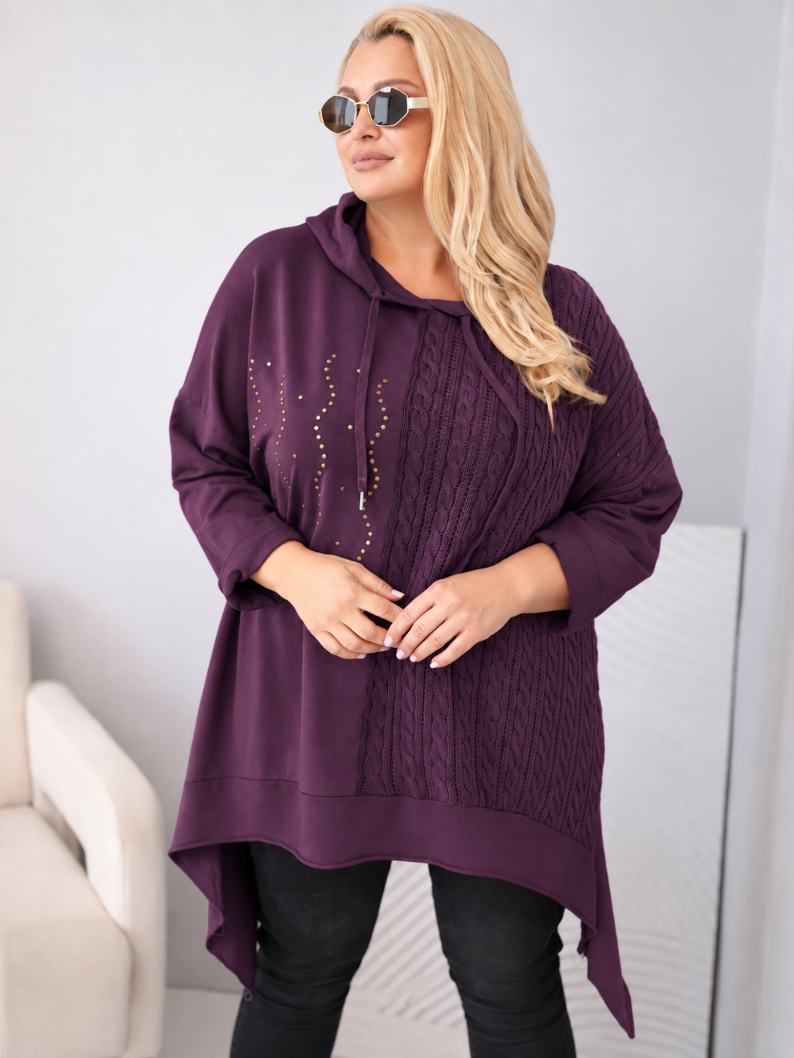 Naiste kapuutsiga puuvillane pusa Kesi Plus Size palmikmustriga - Image 1
