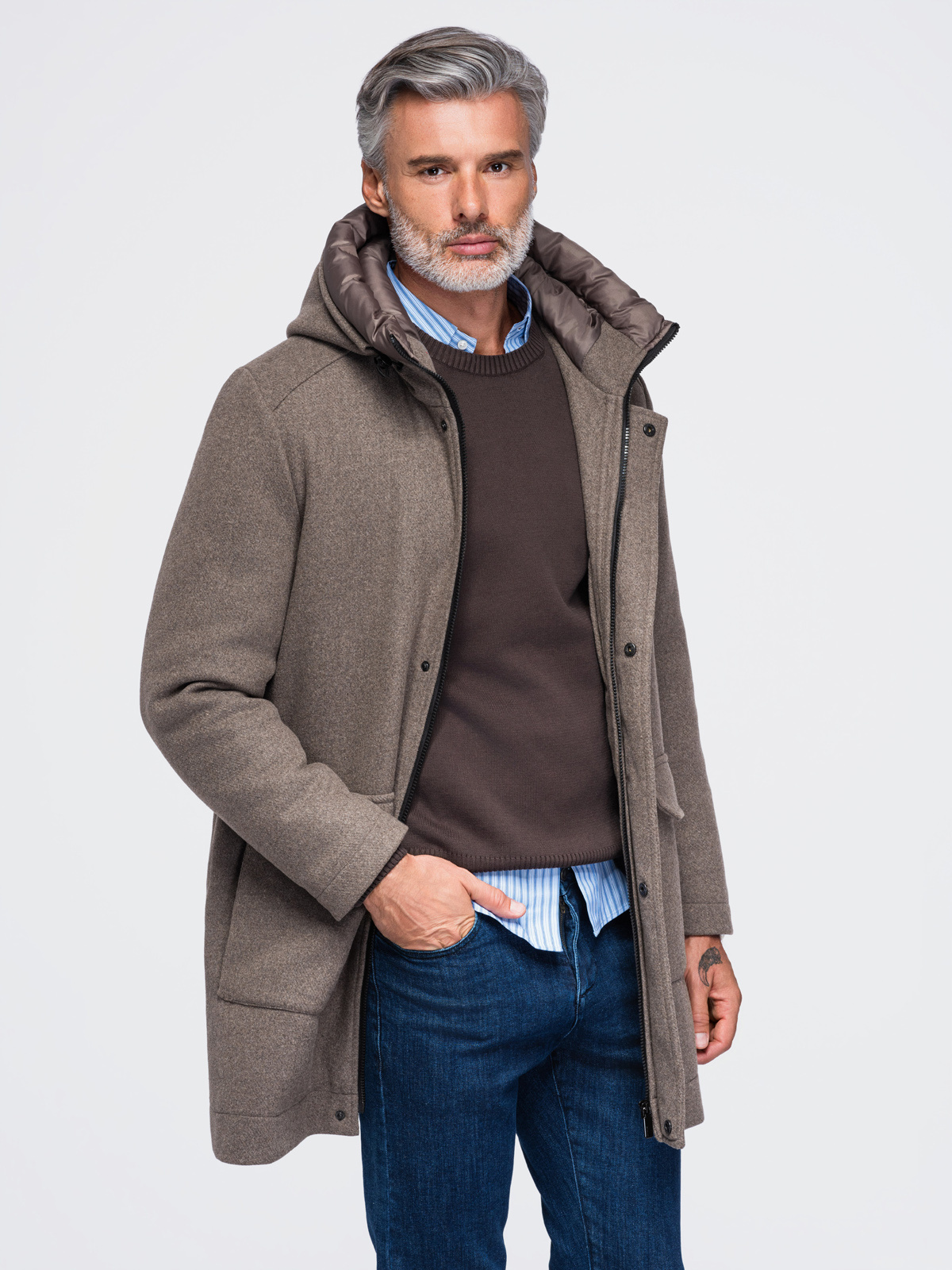 Meeste kapuutsiga villasegust mantel Ombre Clothing - Image 14