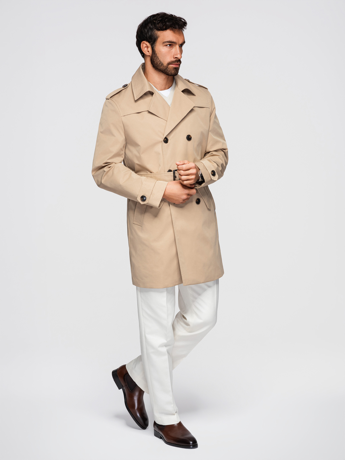 Elegantne kaherealine meeste SLIM FIT trenšmantel vööga - beež V1 OM-COLC-0146 - Image 3
