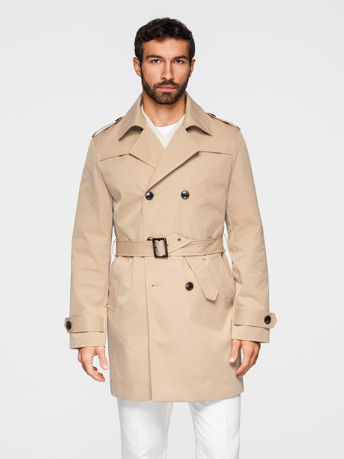 Elegantne kaherealine meeste SLIM FIT trenšmantel vööga - beež V1 OM-COLC-0146 - Image 4