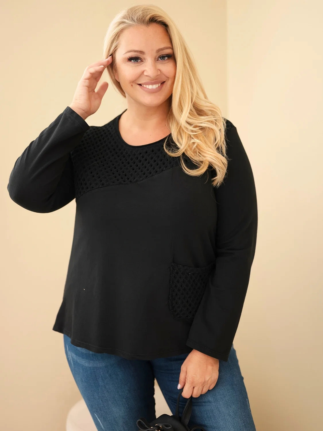 Naiste plus-size puuvillane pikkade varrukatega pusa pitsdetailiga - Image 1
