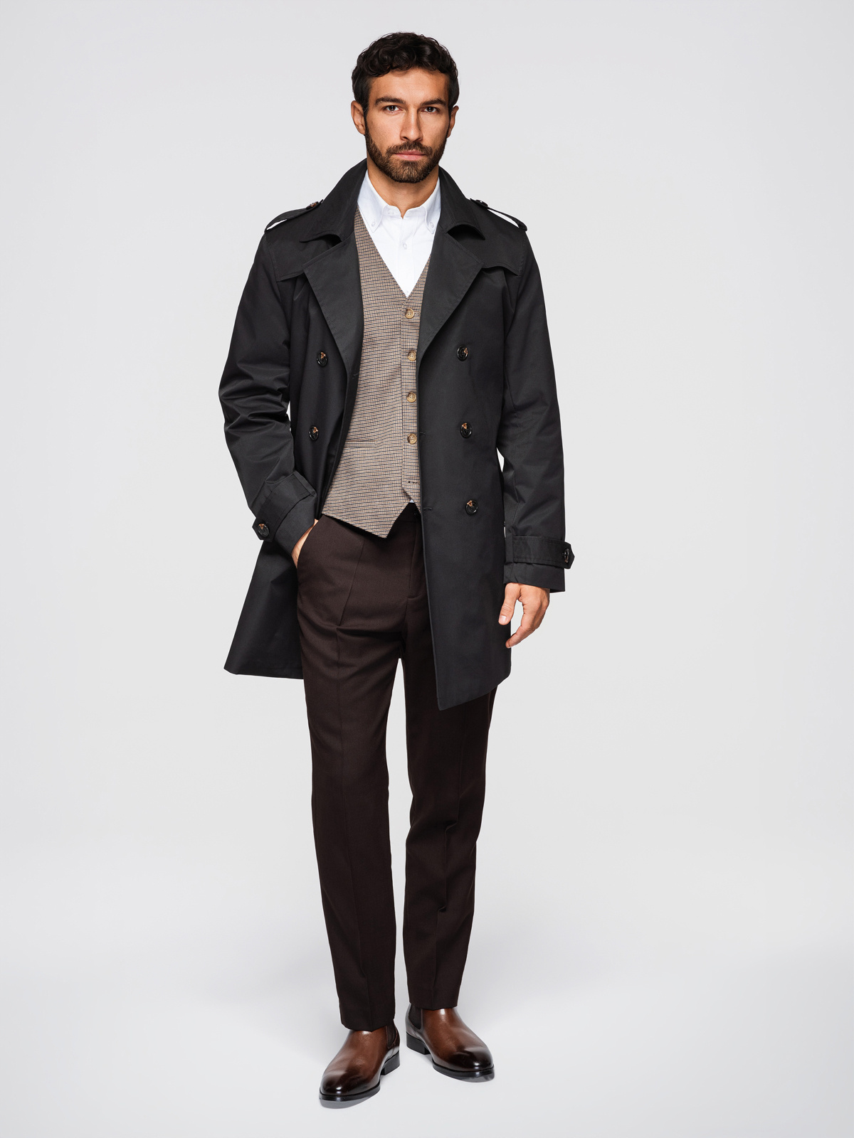 Elegantne kaherealine meeste SLIM FIT trenšmantel vööga - beež V1 OM-COLC-0146 - Image 17