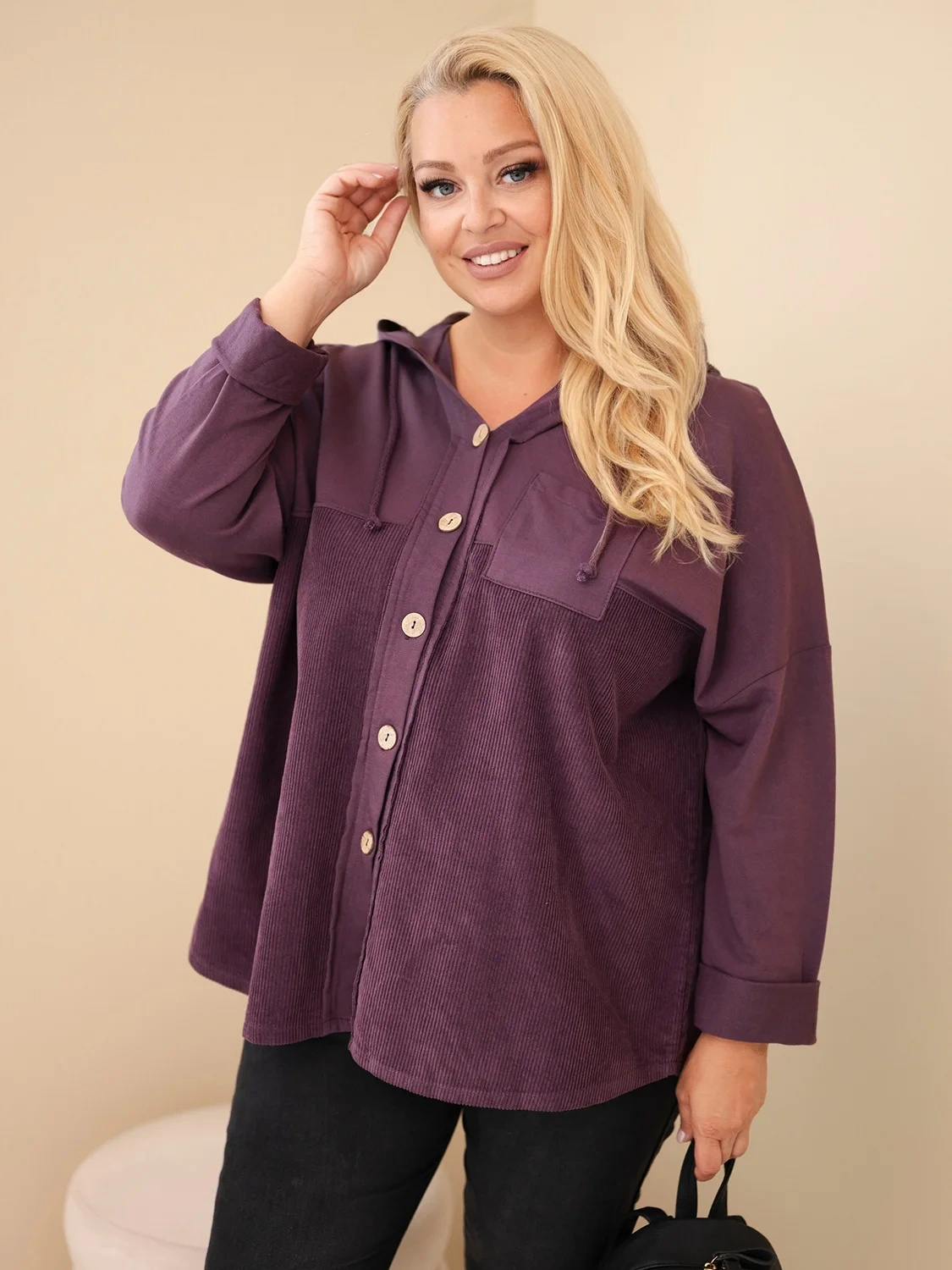 Plus Size naiste puuvillane nööpidega kapuutsiga pusa - Image 54