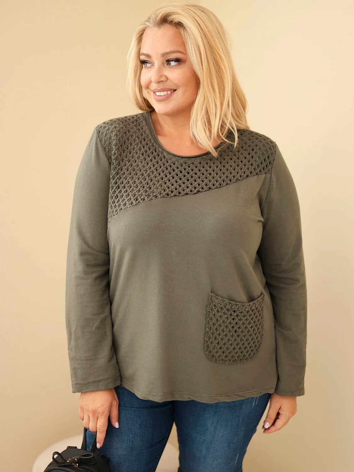 Naiste plus-size puuvillane pikkade varrukatega pusa pitsdetailiga - Image 5