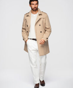 Elegantne kaherealine meeste SLIM FIT trenšmantel vööga - beež V1 OM-COLC-0146