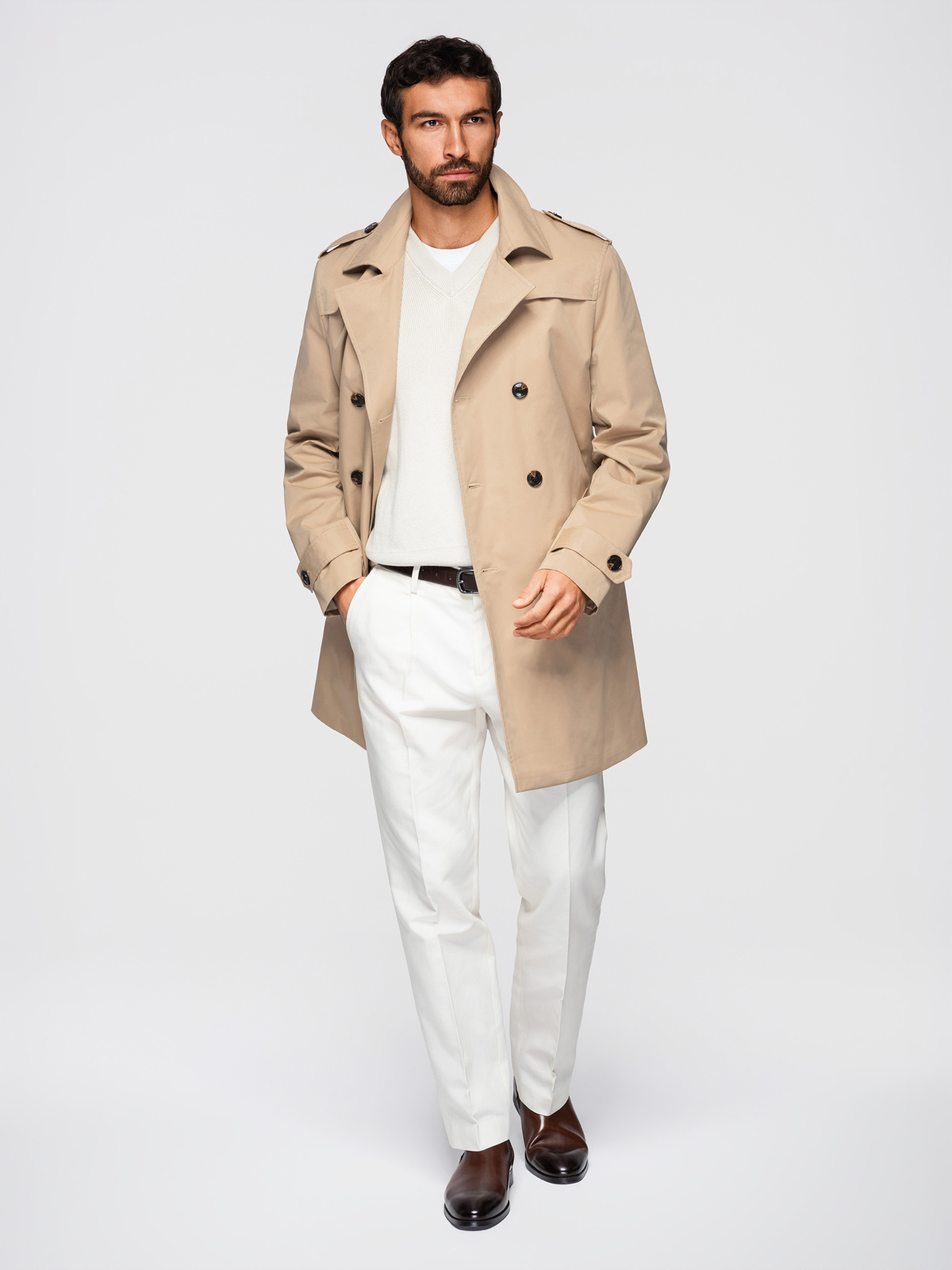 Elegantne kaherealine meeste SLIM FIT trenšmantel vööga - beež V1 OM-COLC-0146 - Image 1