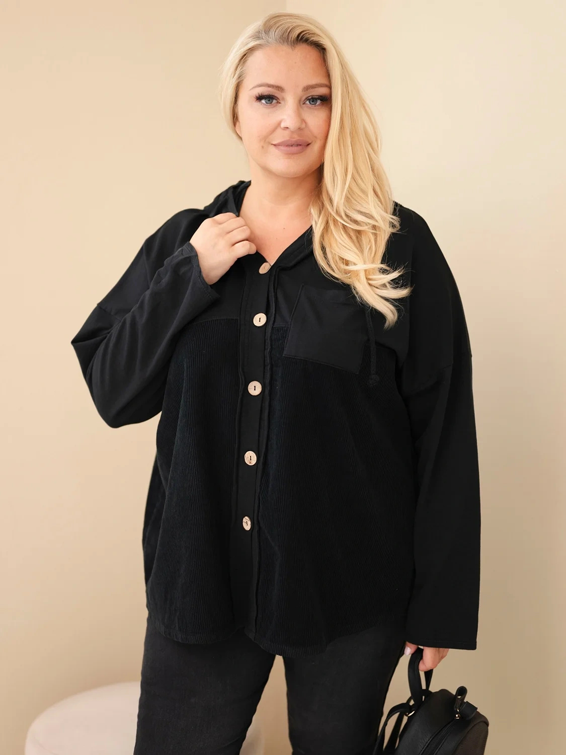 Plus Size naiste puuvillane nööpidega kapuutsiga pusa - Image 1