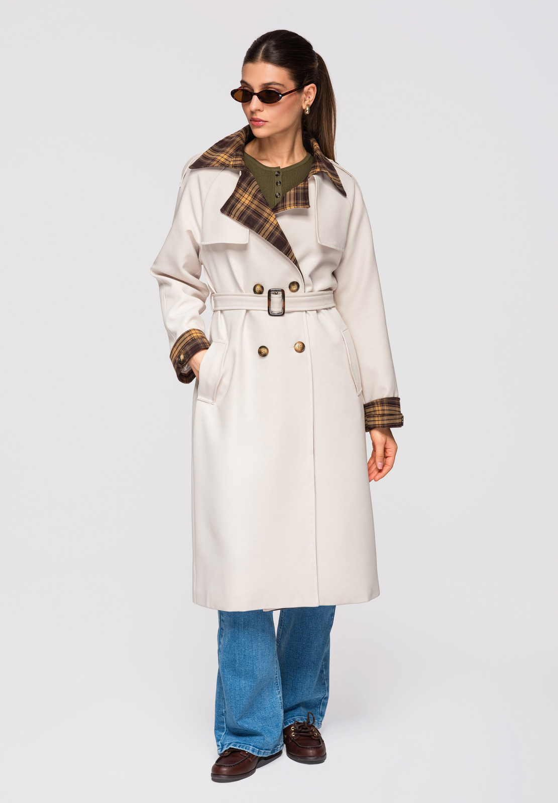 Naiste kaherealine trenchcoat-üleminekumantel vööga - Image 6