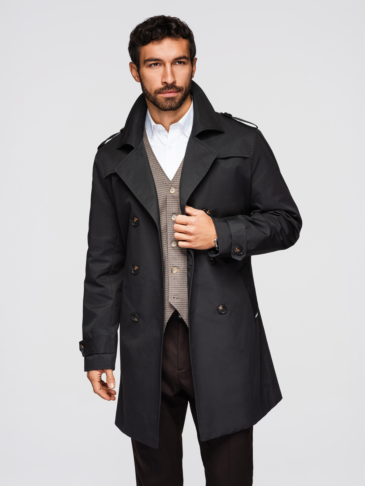 Elegantne kaherealine meeste SLIM FIT trenšmantel vööga - beež V1 OM-COLC-0146 - Image 18