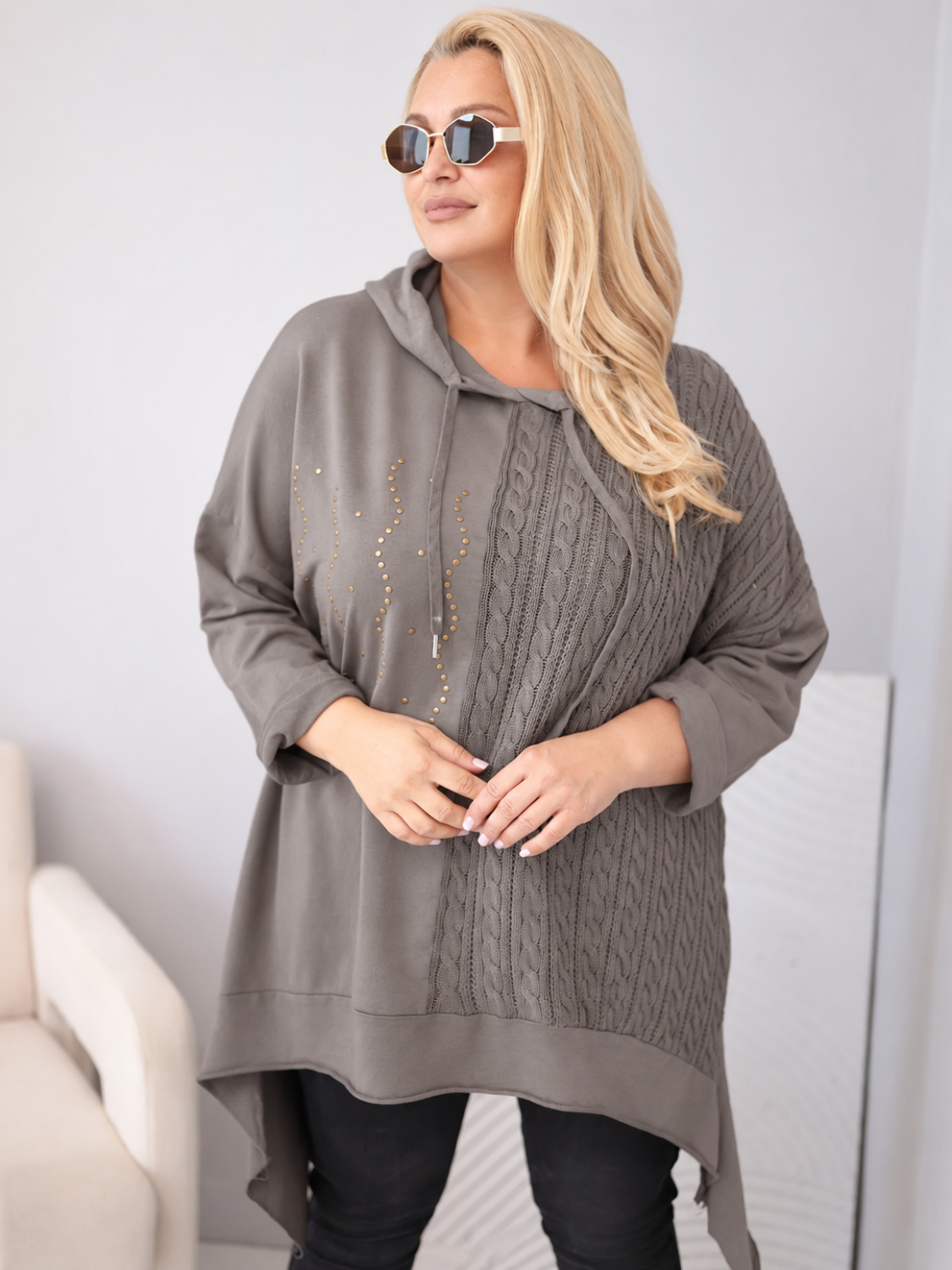 Naiste kapuutsiga puuvillane pusa Kesi Plus Size palmikmustriga - Image 4