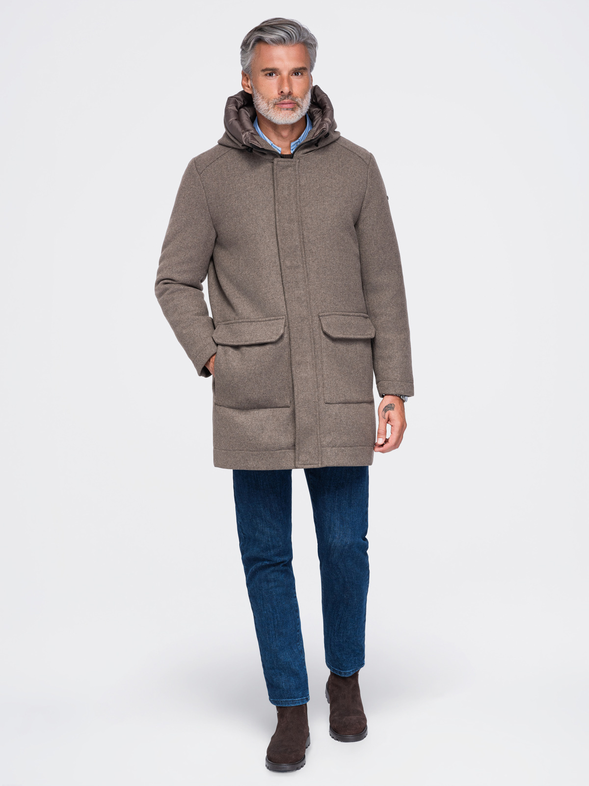 Meeste kapuutsiga villasegust mantel Ombre Clothing - Image 15