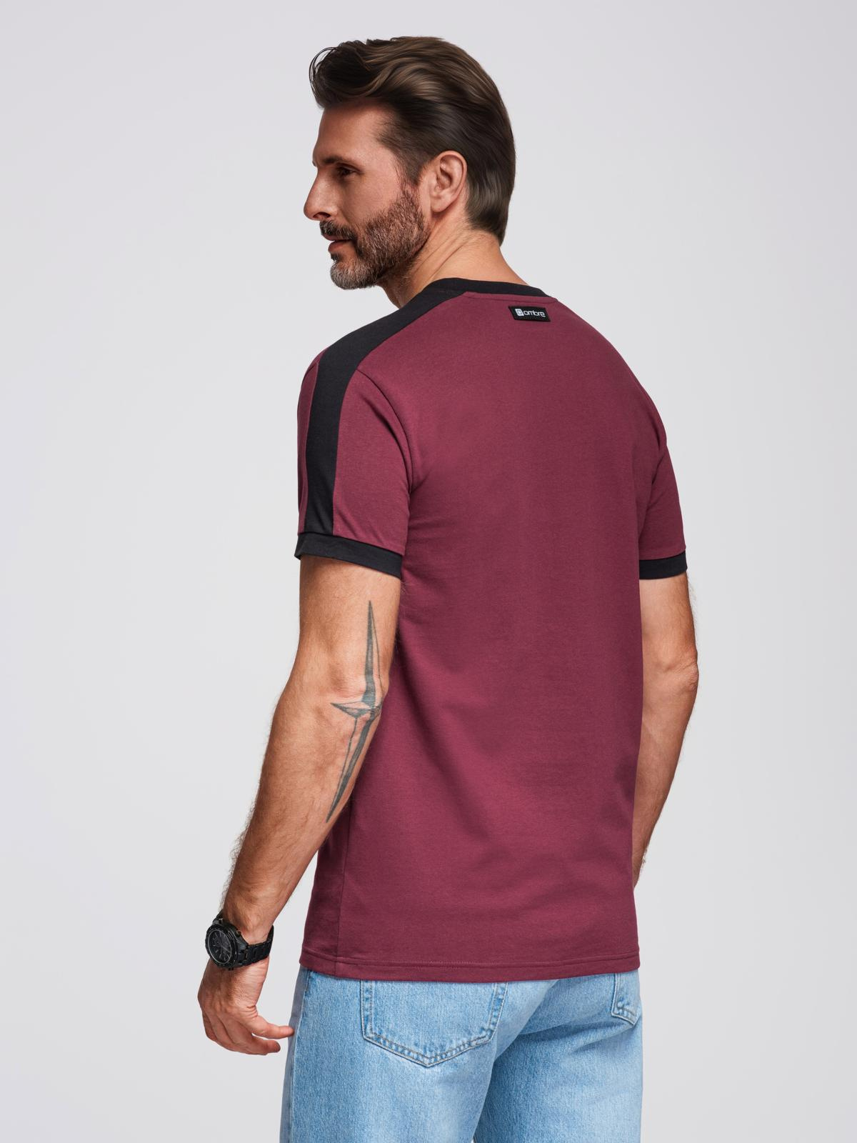 meeste puuvillane kontrastsete vahetükkidega t-särk - maroon v2 s1632 - Image 6